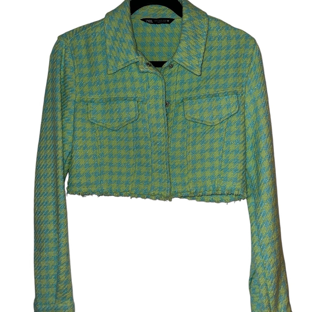 Zara Green and Blue Cropped Tweed Jacket - S